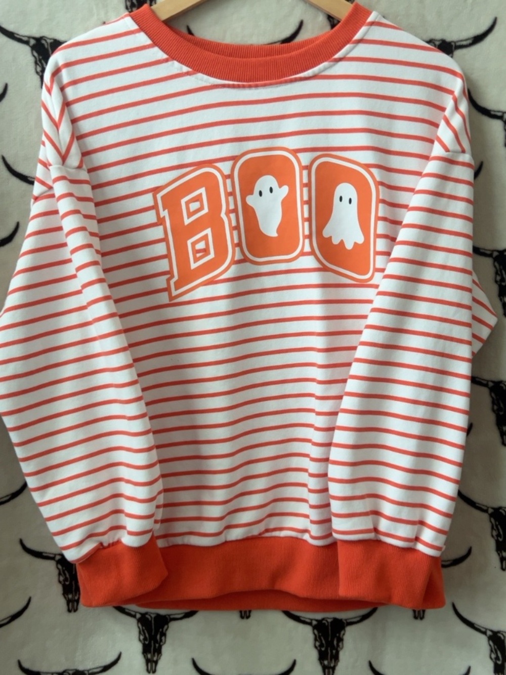 Orange & White Striped BOO Ghost Halloween Sweatshirt Medium